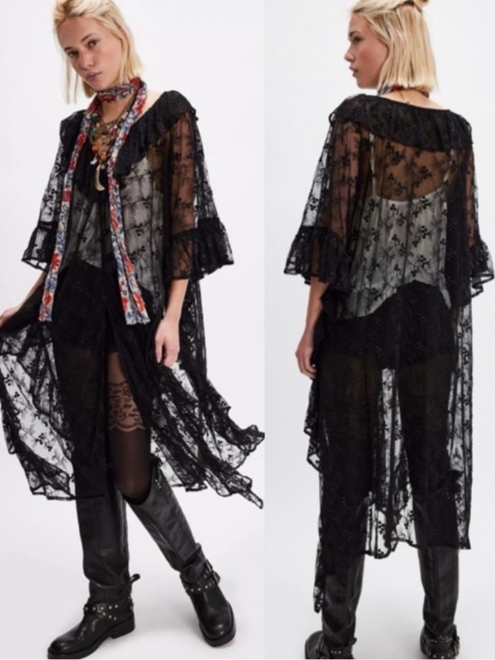 NWT Free People Romantic Sheer Bloom Kaftan Dress Black M/L Rare